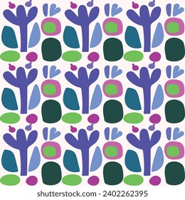 Colorful blob leaf for flat scandi style seamless vector kids pattern. Fun whimsical nature for boy baby wallpaper. Scandi block print bold funny print.