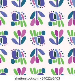 Colorful blob leaf for flat scandi style seamless vector kids pattern. Fun whimsical nature for boy baby wallpaper. Scandi block print bold funny print.