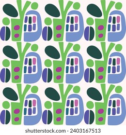 Colorful blob leaf for flat scandi style seamless vector kids pattern. Fun whimsical nature for boy baby wallpaper. Scandi block print bold funny print.