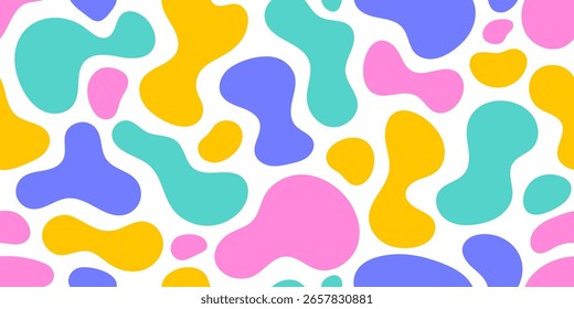 Colorful blobs liquid irregular shapes seamless pattern. Creative organic doodle blobs in vibrant colors, design for cover, banner, fabric, textile, background.