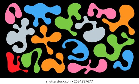 Colorful blobs of various shapes and sizes are scattered across a black background, creating an abstract, engaging visual composition. The arrangement features a blend of vivid colors and forms.
