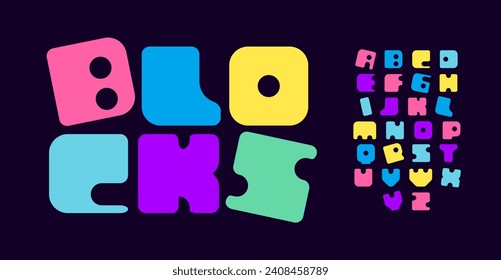 Alfabeto estilo bloque colorido, bloques únicos para logos de juguetes infantiles, carteles peculiares, memorables y titulares destacados para zonas infantiles. Tipo de vector.