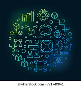Farbige Blockchain-Vektorgrafik rund um die moderne Illustration in dünner Linie auf dunklem Hintergrund