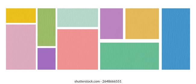 Colorful blocks of rectangles and squares are arranged in a similar arrangement to cuttings of different sizes and ratios, slightly roughened paper.
