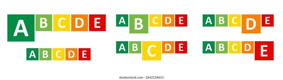 Colorful blocks show nutrition score ratings for various food items. Each block features a letter grade, indicating the food quality from A to E, aiding consumers in healthy choices.
