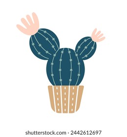 Colorful blooming cacti, succulent in pot. Cute hand drawn sketch of cactus. Doodle style, flat design. Scandinavian, boho style. Vector illustration. Exotic and Tropical Plant, home decor