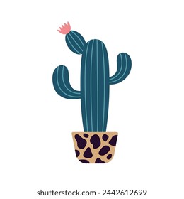 Colorful blooming cacti, succulent in pot. Cute hand drawn sketch of cactus. Doodle style, flat design. Scandinavian, boho style. Vector illustration. Exotic and Tropical Plant, home decor