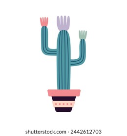 Colorful blooming cacti, succulent in pot. Cute hand drawn sketch of cactus. Doodle style, flat design. Scandinavian, boho style. Vector illustration. Exotic and Tropical Plant, home decor