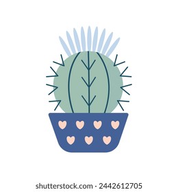 Colorful blooming cacti, succulent in pot. Cute hand drawn sketch of cactus. Doodle style, flat design. Scandinavian, boho style. Vector illustration. Exotic and Tropical Plant, home decor