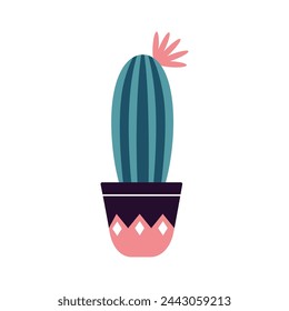 Colorful blooming cacti, succulent in pot. Cute hand drawn sketch of cactus. Doodle style, flat design. Scandinavian, boho style. Vector illustration. Exotic and Tropical Plant, home decor