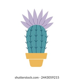 Colorful blooming cacti, succulent in pot. Cute hand drawn sketch of cactus. Doodle style, flat design. Scandinavian, boho style. Vector illustration. Exotic and Tropical Plant, home decor