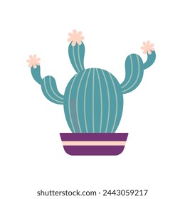 Colorful blooming cacti, succulent in pot. Cute hand drawn sketch of cactus. Doodle style, flat design. Scandinavian, boho style. Vector illustration. Exotic and Tropical Plant, home decor