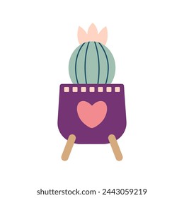 Colorful blooming cacti, succulent in pot. Cute hand drawn sketch of cactus. Doodle style, flat design. Scandinavian, boho style. Vector illustration. Exotic and Tropical Plant, home decor