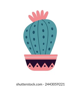 Colorful blooming cacti, succulent in pot. Cute hand drawn sketch of cactus. Doodle style, flat design. Scandinavian, boho style. Vector illustration. Exotic and Tropical Plant, home decor