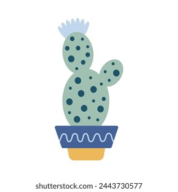 Colorful blooming cacti, succulent in pot. Cute hand drawn sketch of cactus. Doodle style, flat design. Scandinavian, boho style. Vector illustration. Exotic and Tropical Plant, home decor