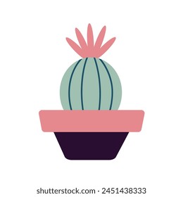 Colorful blooming cacti, succulent in pot. Cute hand drawn sketch of cactus. Doodle style, flat design. Scandinavian, boho style. Vector illustration. Exotic and Tropical Plant, home decor