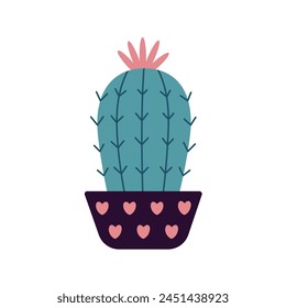 Colorful blooming cacti, succulent in pot. Cute hand drawn sketch of cactus. Doodle style, flat design. Scandinavian, boho style. Vector illustration. Exotic and Tropical Plant, home decor