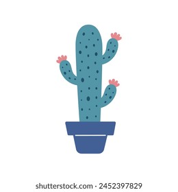 Colorful blooming cacti, succulent in pot. Cute cartoon cactus. Doodle style, flat design. Scandinavian, boho style. Vector illustration. Exotic and Tropical Plant, home decor