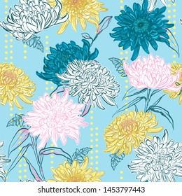 Colorful blooming blooming chrysanthemum layer with stripe polka dots seamless pattern in vector design for fashion,fabric,web,wallpaper and all prints on light blue background color