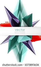 Colorful blooming crystals vector abstract background. Glass transparent effect shiny 3d triangular forms