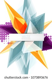 Colorful blooming crystals vector abstract background. Glass transparent effect shiny 3d triangular forms