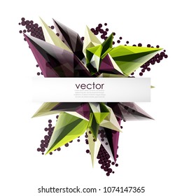 Colorful blooming crystals vector abstract background. Glass transparent effect shiny 3d triangular forms