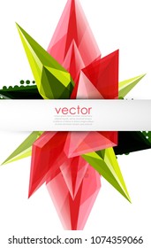 Colorful blooming crystals vector abstract background. Glass transparent effect shiny 3d triangular forms