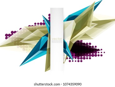 Colorful blooming crystals vector abstract background. Glass transparent effect shiny 3d triangular forms