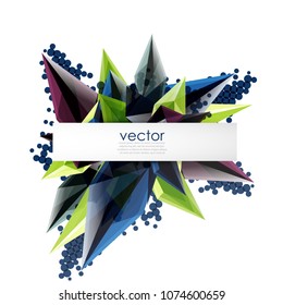 Colorful blooming crystals vector abstract background. Glass transparent effect shiny 3d triangular forms