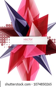 Colorful blooming crystals vector abstract background. Glass transparent effect shiny 3d triangular forms