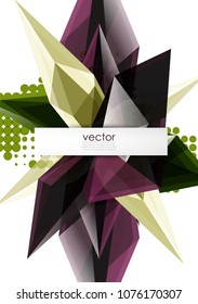 Colorful blooming crystals vector abstract background. Glass transparent effect shiny 3d triangular forms