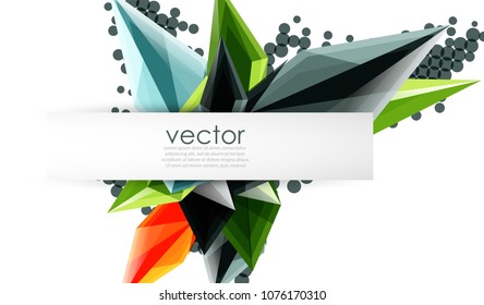 Colorful blooming crystals vector abstract background. Glass transparent effect shiny 3d triangular forms