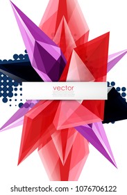 Colorful blooming crystals vector abstract background. Glass transparent effect shiny 3d triangular forms