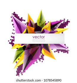 Colorful blooming crystals vector abstract background. Glass transparent effect shiny 3d triangular forms