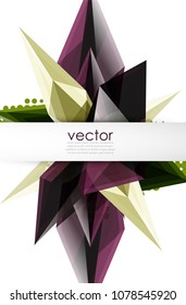 Colorful blooming crystals vector abstract background. Glass transparent effect shiny 3d triangular forms