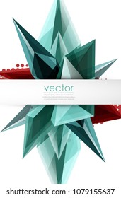 Colorful blooming crystals vector abstract background. Glass transparent effect shiny 3d triangular forms