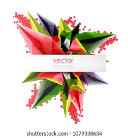 Colorful blooming crystals vector abstract background. Glass transparent effect shiny 3d triangular forms