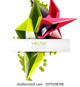 Colorful blooming crystals vector abstract background. Glass transparent effect shiny 3d triangular forms