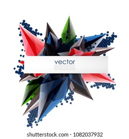 Colorful blooming crystals vector abstract background. Glass transparent effect shiny 3d triangular forms