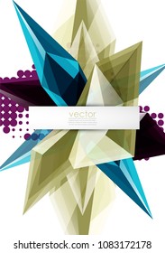Colorful blooming crystals vector abstract background. Glass transparent effect shiny 3d triangular forms