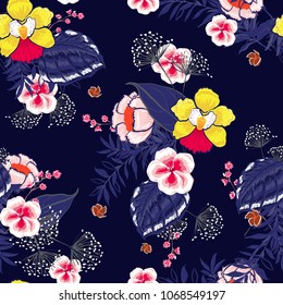 Colorful Blooming  Floral pattern in the many kind of flowers. Tropical botanical  . Seamless vector texture.fashion prints. Printing with in hand drawn style on navy blue.