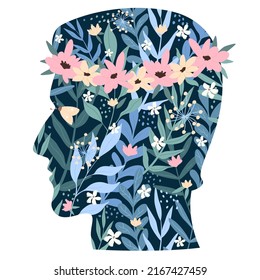 Colorful blooming flowers, butterfly and green plants inside abstract male head. Cartoon man with healthy self care habits wellbeing flat vector illustration. Acceptance, mental health concept