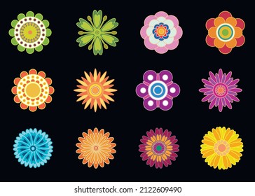 Colorful blooming flowers icons with daisies, gerberas, violets, cornflowers, asters and marigolds on a black background