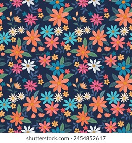 Colorful blooming flowers on dark green background seamless pattern. Fantasy seamless floral pattern for fashion prints.