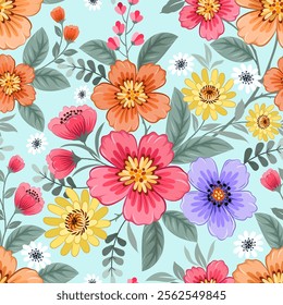 Colorful blooming flowers on light blue background seamless pattern for fashion design print fabric textile wallpaper gift wrapping.