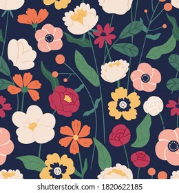 Colorful blooming flowers seamless pattern. Elegant botanical wallpaper template vector flat illustration. Romantic decorative blossom. Herbal plants with leaves and stem design textile print