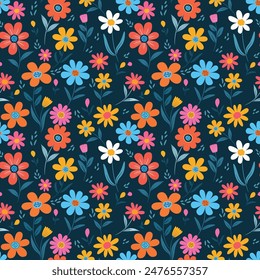 Colorful blooming minimal flowers on dark green background seamless pattern.