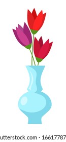 Colorful blooming tulip flower in vase isolated on white background. Decorative room spring flower. Floral bouquet in flowerpot. Plant for house design. Florist shop item. Vector illustration