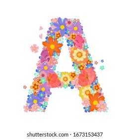 colorful blossom of meadow flowers with butterflies and flying little floral. capital letter A