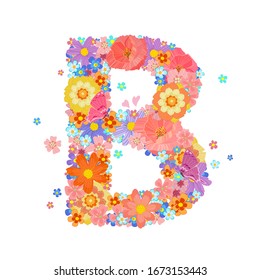 colorful blossom of meadow flowers with butterflies and flying little floral. capital letter b